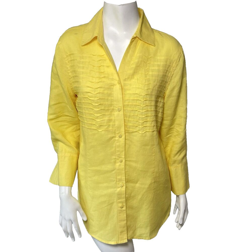Multiples 100%Linen Button Front Shirt Tunic Top M Yellow Preppy Summer Resort